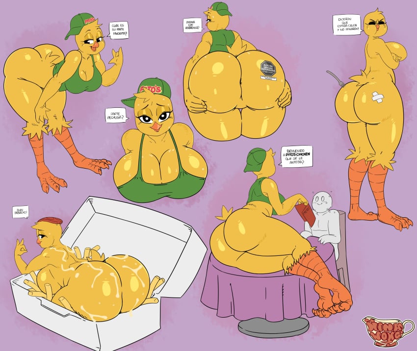 1boy 1girls 2020 absurdres anon anthro ass avian beak bedroom_eyes bent_over big_ass bird black_eyes bottomless breasts chair chicken creamygravy crossed_arms cutlery duo exclamation_point featureless_crotch female food food_fetish food_play fork fries furniture galliform gallus_(genus) genderswap hat headgear headwear highres huge_breasts huge_butt human kitchen_utensils large_breasts looking_at_viewer looking_back lying male mammal menu narrowed_eyes nude on_side peru phasianid pio's_chicken pollo_a_la_brasa presenting presenting_hindquarters pupils question_mark rule_63 seductive sitting smile spanish_text speech_bubble table text thick_thighs tools translated white_pupils yellow_body