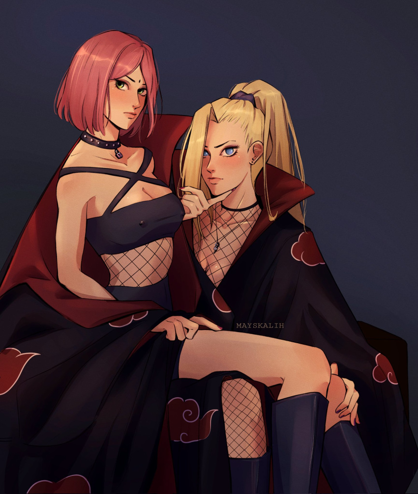 2girls akatsuki_(naruto) blonde_hair boruto:_naruto_next_generations cleavage cloak enemy_conversion female female_only fishnets forehead_jewel hair_over_one_eye ino_yamanaka latex long_hair looking_at_viewer mayskalih naruto naruto_(series) nipple_bulge pink_hair ponytail sakura_haruno short_hair sitting_on_lap sitting_on_person yuri