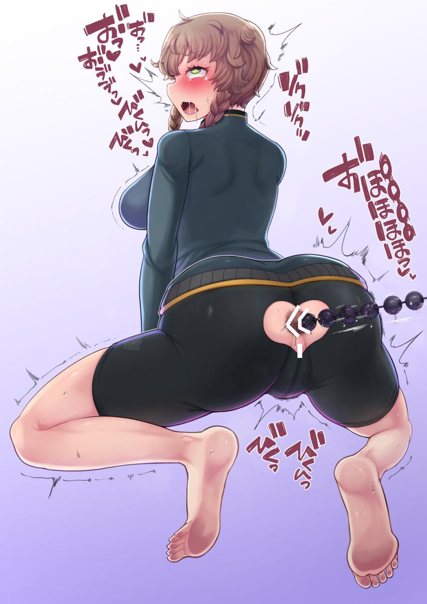 1girls ahe_gao amane_suzuha anal anal_access anal_beads anal_beads_in_ass anal_beads_pull anal_cutout anal_only anus ass ass_cutout ass_focus bare_soles barefoot big_ass big_butt bike_shorts black_shorts blush braided_hair brown_hair butt_focus feet female female_only fluffy_hair green_eyes heart japanese_text niwatora open_mouth solo solo_focus squatting steins;gate track_jacket track_top twin_braids