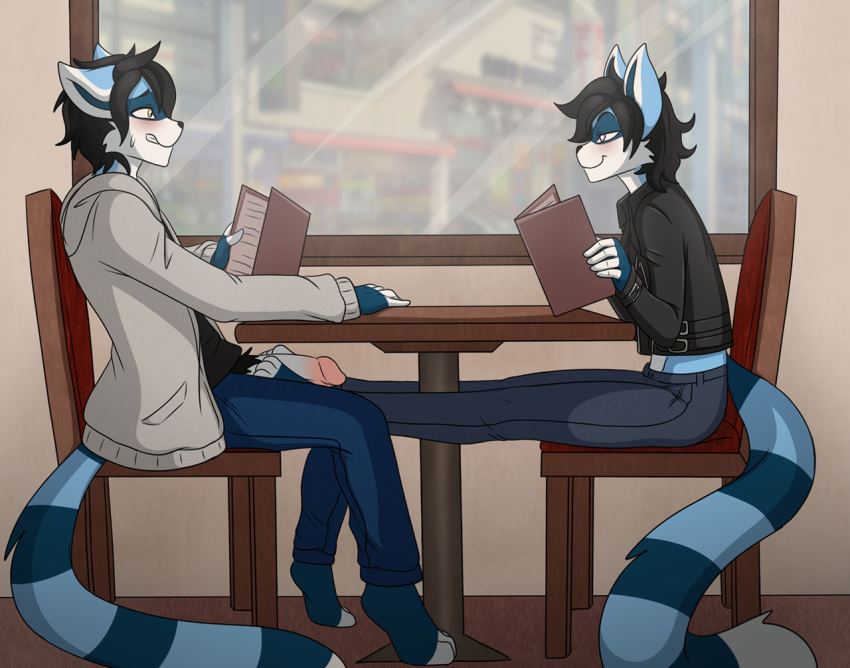 anthro big_penis black_hair blue_body blue_fur blush bottomwear brother brother_and_sister clothed clothing denim denim_clothing digitigrade duo felix_(striped_sins) female foot_fetish foot_play footjob footjob_under_table fur genitals hair hoodie incest jacket jeans long_tail male mammal markings midriff minila open_bottomwear open_clothing open_jacket open_pants open_topwear pants penis poking_out procyonid pubes public purple_eyes raccoon restaurant ryder_(striped_sins) sex sibling sibling_lust sibling_romance sister sly smile stealth_masturbation striped_markings striped_sins striped_tail stripes tail_markings topwear under_the_table willitfit window yellow_eyes