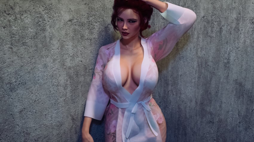 1girls 3d big_breasts breasts city_of_broken_dreamers cleavage daz_studio green_eyes hand_on_head hi_res huge_breasts large_breasts looking_at_viewer phillygames red_hair red_lipstick victoria_shields