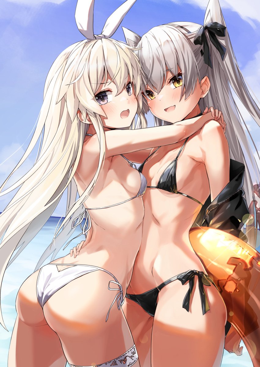 2girls absurdres alternate_costume amatsukaze_(kantai_collection) arms_around_neck ass bangs belly-to-belly bikini black_bikini blonde_hair blue_sky blush breasts cloud collarbone commentary_request cowboy_shot day female female_only grey_eyes hair_ribbon hairband halterneck highres hug innertube jacket kantai_collection long_hair looking_at_viewer multiple_girls oerba_yun_fang off_shoulder open_mouth outdoors ribbon shimakaze_(kantai_collection) side-tie_bikini_bottom sideboob skin_fang sky small_breasts smile string_bikini swimsuit takanashi_kei_(hitsujikan) thigh_strap two_side_up white_bikini white_hair yellow_eyes