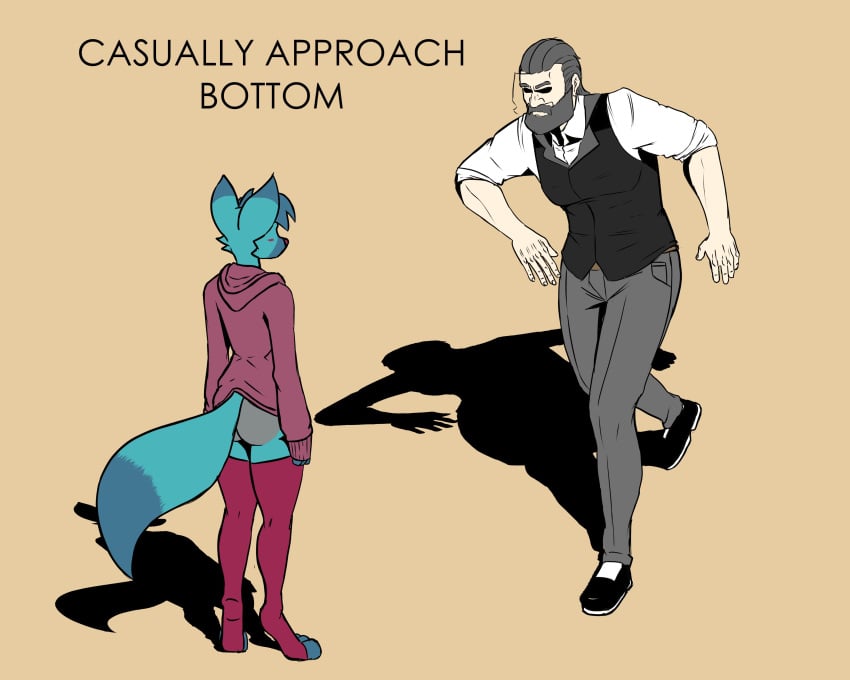 1anthro 1femboy 1human 2boys anthro anthro_male ass beard bottomless_anthro bottomless_male canine clothed femboy fox furry furry_male furry_with_non-furry human larger_human mammal meme slim smaller_anthro standing stirrup_legwear stirrup_socks stirrup_thighhighs tail the_man the_man_(character) walking