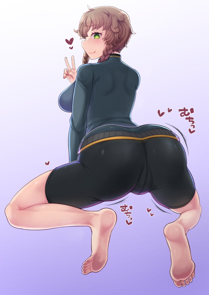 1girls amane_suzuha ass ass_focus bare_soles barefoot big_ass big_butt bike_shorts black_shorts braided_hair brown_hair butt_focus clothed feet female_only fluffy_hair green_eyes heart japanese_text niwatora round_ass round_butt shaking_butt smile solo solo_focus squatting steins;gate thick_ass track_jacket track_top twin_braids v_sign