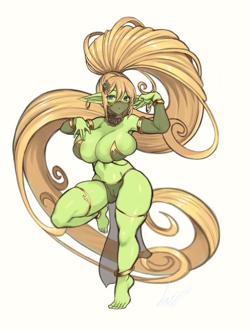 1girls allanel areola_slip belly_dancer belly_dancer_outfit bent_leg big_breasts blonde_hair blue_eyes dancing female female_only full_body goblin goblin_female green-skinned_female green_skin hi_res looking_at_viewer pointy_ears ponytail solo solo_female standing_on_one_leg thick_thighs veil very_long_hair white_background