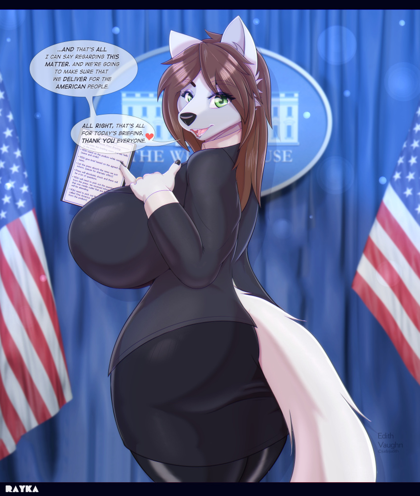 2022 absurd_res anthro anthro_only big_breasts breasts brown_hair butt_pose canid canine canis clothing curvaceous curvy_figure dialogue edith_vaughn female fur furry green_eyes hair hi_res huge_breasts legwear looking_at_viewer mammal mature_anthro mature_female politics pose president rayka solo speech_bubble stars_and_stripes stockings topwear united_states_of_america voluptuous white_body white_fur white_house wide_hips wolf