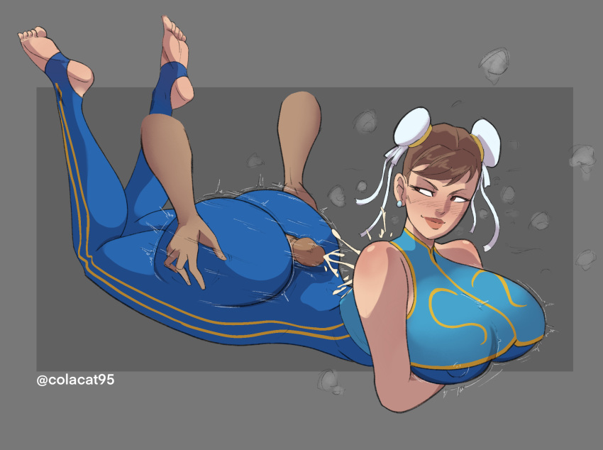 ass ass_grab ass_shake assjob barefoot big_ass big_breasts big_butt bodysuit brown_hair buttjob buttjob_over_clothes capcom chun-li clothed clothed_buttjob clothed_female colacat95 covered_buttjob cum cum_on_back cum_on_body cum_on_clothes cumshot feet horny_female huge_ass looking_back partial_male street_fighter street_fighter_alpha thick thick_ass thick_thighs