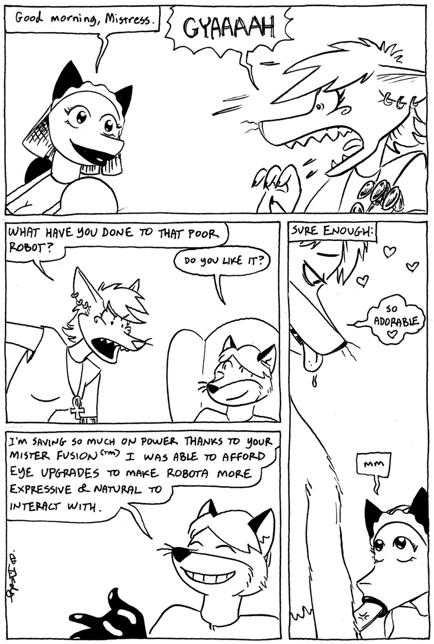 black_and_white canid canine canis clothing comic cybernetics cyborg female fox hi_res humor jackal machine maid_uniform male mammal monochrome robot sex tegerio uniform