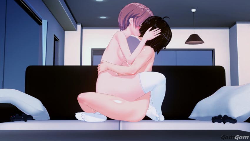 1boy 1girls blue_eyes brown_hair controllers doki_doki_literature_club duo female gomgom kissing koikatsu mc_(doki_doki_literature_club!) naked nude orange_hair sayori_(doki_doki_literature_club)