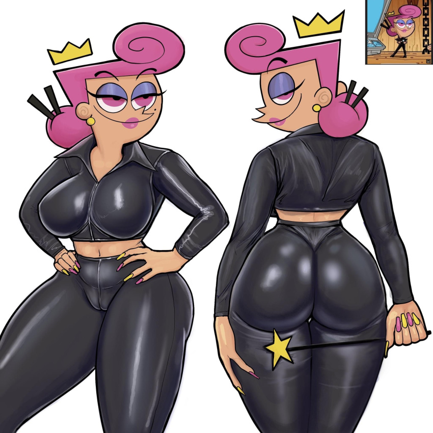 1girls 5_fingers big_ass big_breasts big_butt black_clothing butt cameltoe crown eebahdeebah fairy female female_only fingernails hands_on_hips huge_ass latex latex_suit mole_under_eye nail_polish nickelodeon nicktoons pink_eyes pink_hair pink_lipstick pink_nails purple_eyeshadow redraw solo solo_female straight_hair the_fairly_oddparents tight_clothing wand wanda wanda_fairywinkle-cosma white_background yellow_earrings yellow_nails