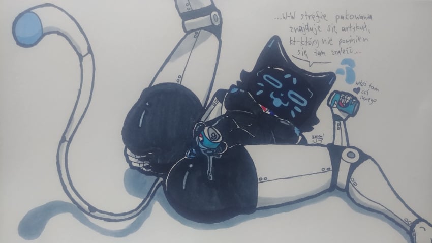 1girls 2d :3 black_skin blue_nipples blue_pussy cat_ears cat_tail female female_only female_penetrated furry humanoid kerfuś kerfuś_female marker_(artwork) penetration polish polish_text robot robot_girl robot_humanoid robotic_arm robotic_legs screen_face smool_tib soda_can solo tail vaginal_penetration