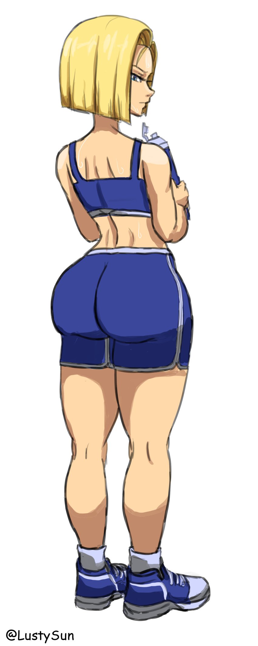 1girls 2022 android_18 ass big_ass bike_shorts blonde_hair blue_eyes dragon_ball dragon_ball_z female female_only full_body fully_clothed gym_shorts gym_uniform looking_at_viewer looking_back lustysun shounen_jump solo solo_female sweat