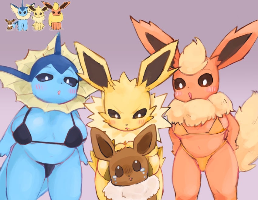 big_breasts big_ears bikini blue_body blush bodily_fluids breasts brown_body clothed clothing dominant dominant_female ear_fins eevee eeveelution female flareon fox_ears fur generation_1_pokemon group hi_res jolteon looking_at_another male narrowed_eyes nintendo pokemon pokemon_(species) popothin scared simple_background size_difference skimpy slightly_chubby smaller_male swimwear tears vaporeon video_games yellow_body