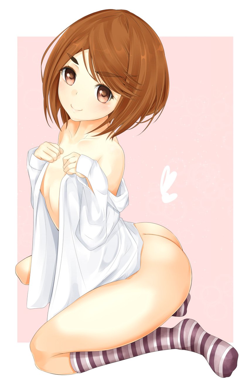 10s 1girls 2016 ass bangs bare_ass bare_shoulders bare_thighs big_ass blush breasts brown_eyes brown_hair collarbone dat_ass dress_shirt eyebrows hi_res kinuhata_saiai kneehighs kneeling naked_shirt nude nude_female open_clothes open_shirt seiza shin_(highest1192) shirt short_hair sitting small_breasts smile socks solo striped striped_socks swept_bangs thighs to_aru_kagaku_no_railgun to_aru_majutsu_no_index young