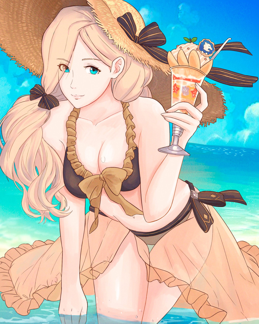 absurdres alternate_costume bare_thighs bikini blonde_hair blue_eyes breasts brown_bikini brown_swimsuit cleavage commission fire_emblem fire_emblem:_three_houses fire_emblem_heroes food hair_over_shoulder hat highres ice_cream large_breasts long_hair looking_at_viewer mercedes_von_martritz mercedes_von_martritz_(summer) nintendo ocean official_alternate_costume outdoors sarong see-through side_ponytail smile sun_hat swimsuit thighs truejekart