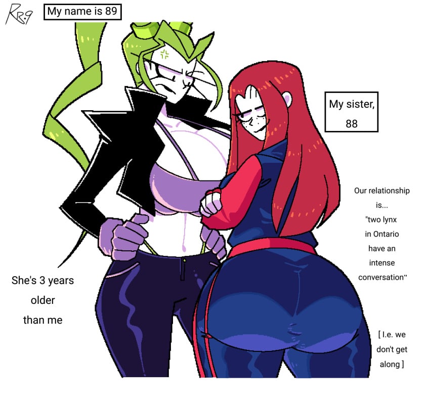 88 89 angry angry_face ass big_ass big_butt breasts cleavage clothed clothing dark_hair female freckles green_hair hair_over_one_eye jeans light_skin long_hair looking_at_another looking_up ms_paint older_sister red_hair sisters snesti sweatpants tagme thick thick_thighs thong track_jacket