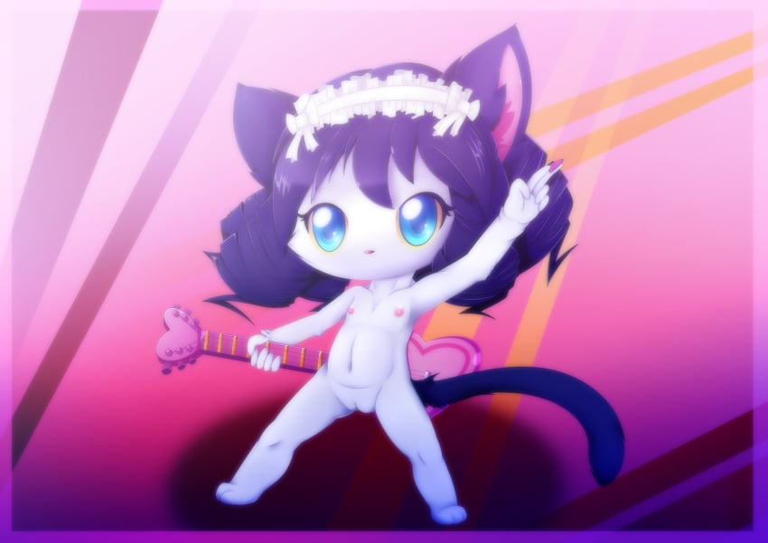 anthro black_hair blue_eyes breasts chibi cyan_(show_by_rock!!) cyan_hijirikawa domestic_cat felid feline felis female genitals guitar hair hi_res maid_headdress mammal mouthless musical_instrument myumon navel nipples nude plucked_string_instrument plushcrochet pussy sanrio short_hair show_by_rock!! small_breasts solo spread_legs spreading string_instrument