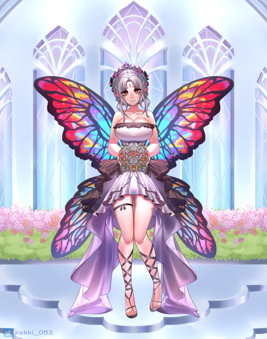 1girls alternate_costume alternate_hairstyle bare_shoulders bouquet breasts bride busty cathedral cleavage dress fairy fairy_wings female female_only fire_emblem fire_emblem_heroes floating flower flower_bouquet flowers flying forehead_jewel frilled_dress front_view full_body grey_hair holding_flower holding_object insect_wings kekkitoz knees knees_together large_breasts legs long_legs multicolored_wings nintendo plumeria_(fire_emblem) pointy_ears pushup_top red_eyes sandals short_ears short_hair shy silver_hair skindentation solo tareme thigh_gap thigh_strap tube_dress updo wedding_dress wholesome wings