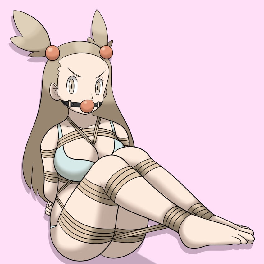 1girls arms_tied_behind_back ball_gag blue_bra blue_panties bondage bondage bra breasts brown_eyes brown_hair dankestofdans gag gagged hair_beads jasmine_(pokemon) large_breasts legs_tied long_hair nintendo orange_ball_gag panties pokemon pokemon_gsc pokemon_hgss rope rope_between_breasts rope_bondage shibari_over_clothes sitting