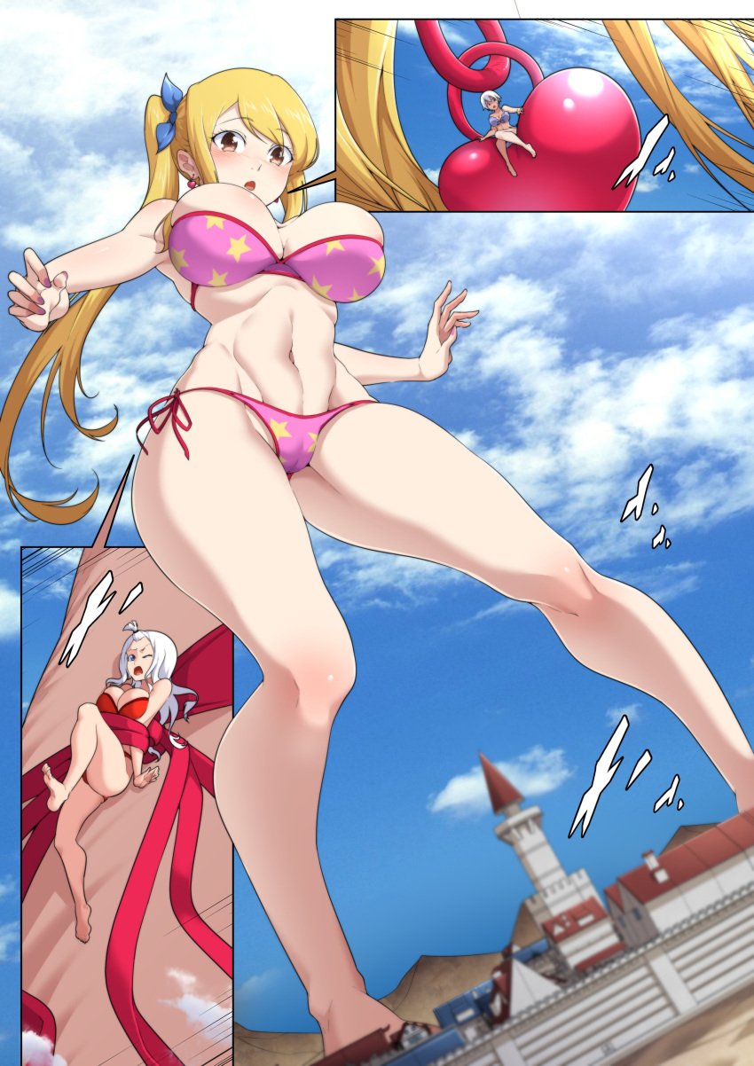 bikini blonde_hair blue_eyes cameltoe city earrings entrapment fairy_tail female_focus giantess huge_breasts larger_female lisanna_strauss looking_down low-angle_view lucy_heartfilia minigirl mirajane_strauss ponytail ribbon shizeart size_difference smaller_female source_request thick_thighs tight_clothing toned_stomach white_hair