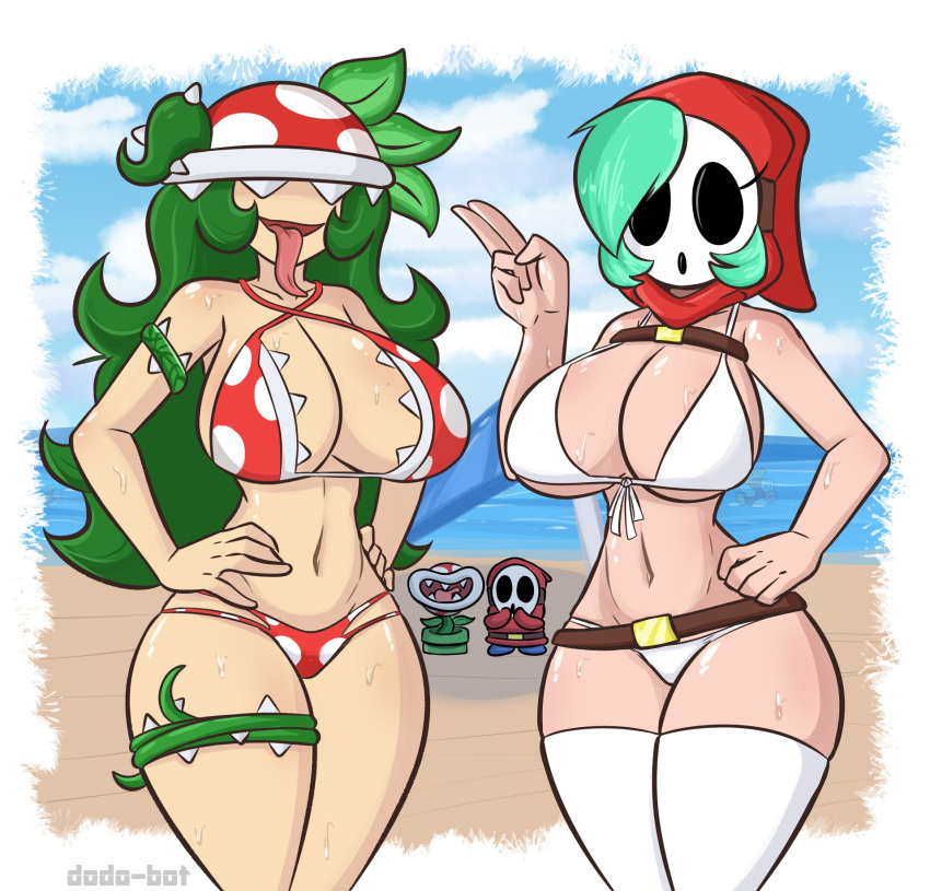 2d 2girls big_breasts bikini bimbo dodo-bot female female_focus hair_over_one_eye light-skinned_female light_skin male mario_(series) nintendo piranha_plant piranha_plant_girl shy_gal shy_gal_red tagme thick_thighs wide_hips