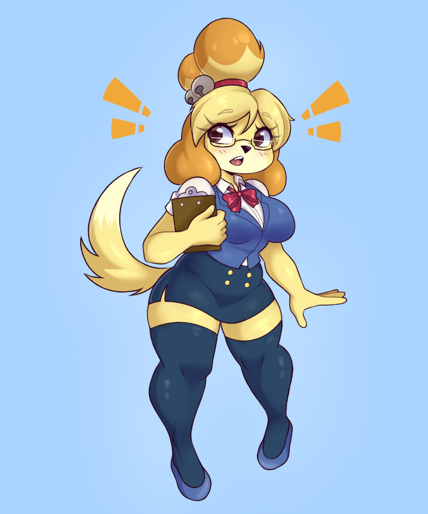 2022 2d animal_crossing anthro artkett1412 blush breasts canid canine canis clothed clothing eyewear female fur furry furry_only glasses hi_res isabelle_(animal_crossing) nintendo office_lady solo tagme tail thick_thighs