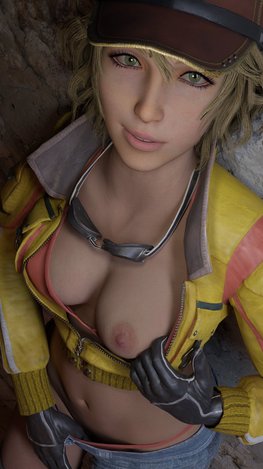 1girls 3d blonde_hair breasts cindy_aurum final_fantasy final_fantasy_xv flashing flashing_breasts flashing_pussy green_eyes mechanics one_breast_out solo_female tipsynd video_games