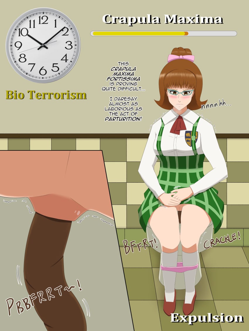 anus bathroom beatrice_trudeau blush brown_eyes brown_hair bully_(game) clock constipation emblem female gameplay_mechanics glasses green_dress hair_ribbon health_bar insignia jd_choco_fac nerd nerdy_female panties_down pink_panties plaid_skirt rockstar_games scat school_uniform straining text toilet toilet_use trembling