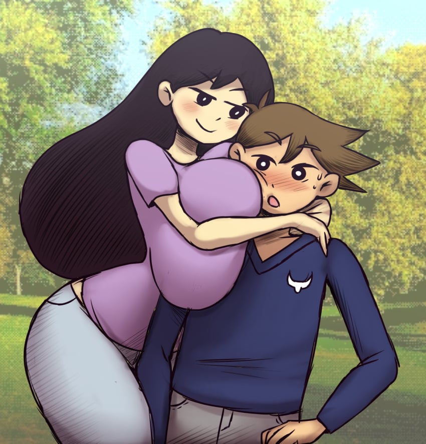 1boy 1girls artstyle_imitation black_hair blush brown_hair clothed female hero_(omori) hug huge_breasts hugging long_hair male mari_(omori) metachoke mob_face omori seductive_smile short_hair short_male shorter_male sweat tall_girl taller_girl