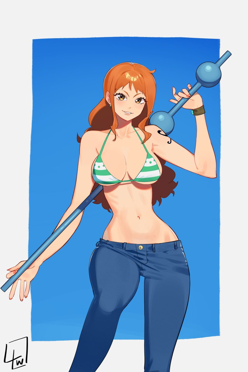 1girls 2022 barefoot big_breasts bikini bikini_top bikini_top_only bra breasts feet_out_of_frame female female_only hourglass_figure huge_breasts jeans l4wless large_breasts long_hair matching_hair/eyes nami one_piece orange_eyes orange_hair post-timeskip post_timeskip shirtless shirtless_(female) shirtless_female shounen_jump striped_bikini tagme thick_thighs thunder_thighs wide_hips