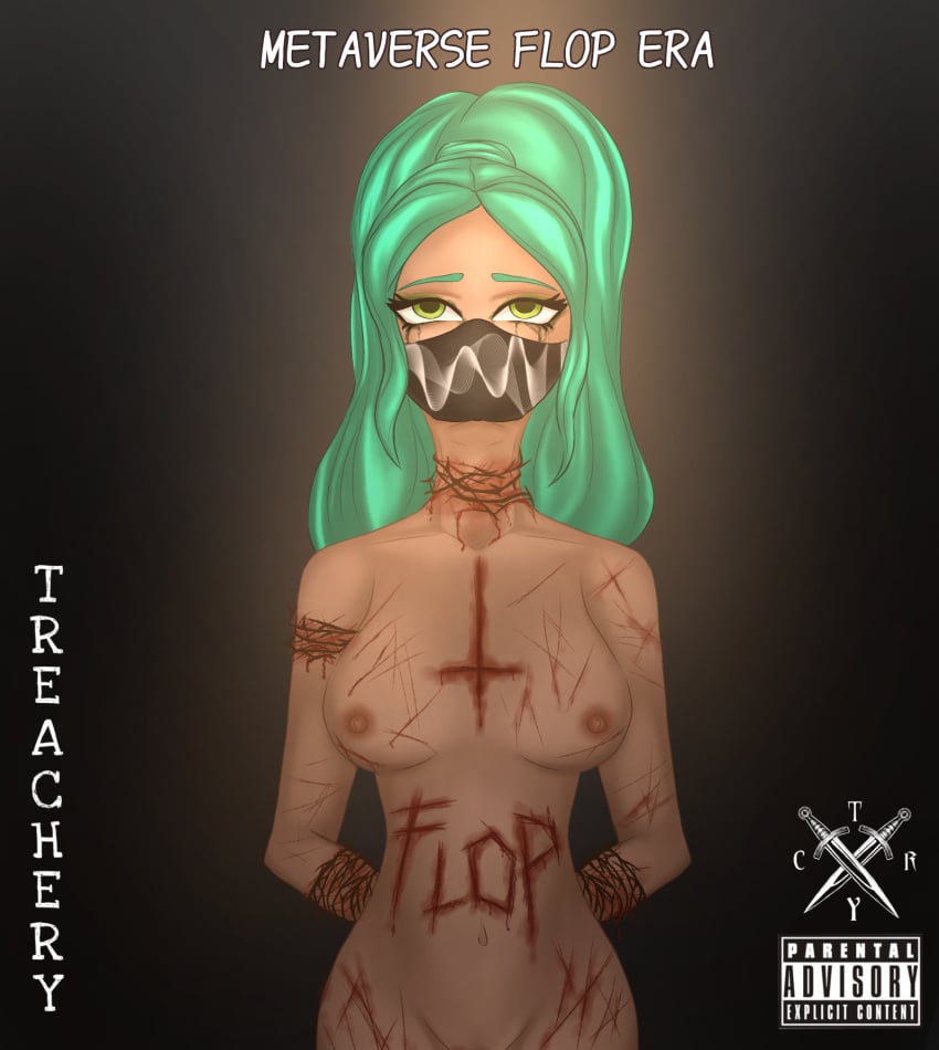 choking eyeliner female green_eyes guro hatsune_miku_rip_off humiliation mask polar_(virtual_singer) scratches tagme tan_body teal_hair tears treachery wounded