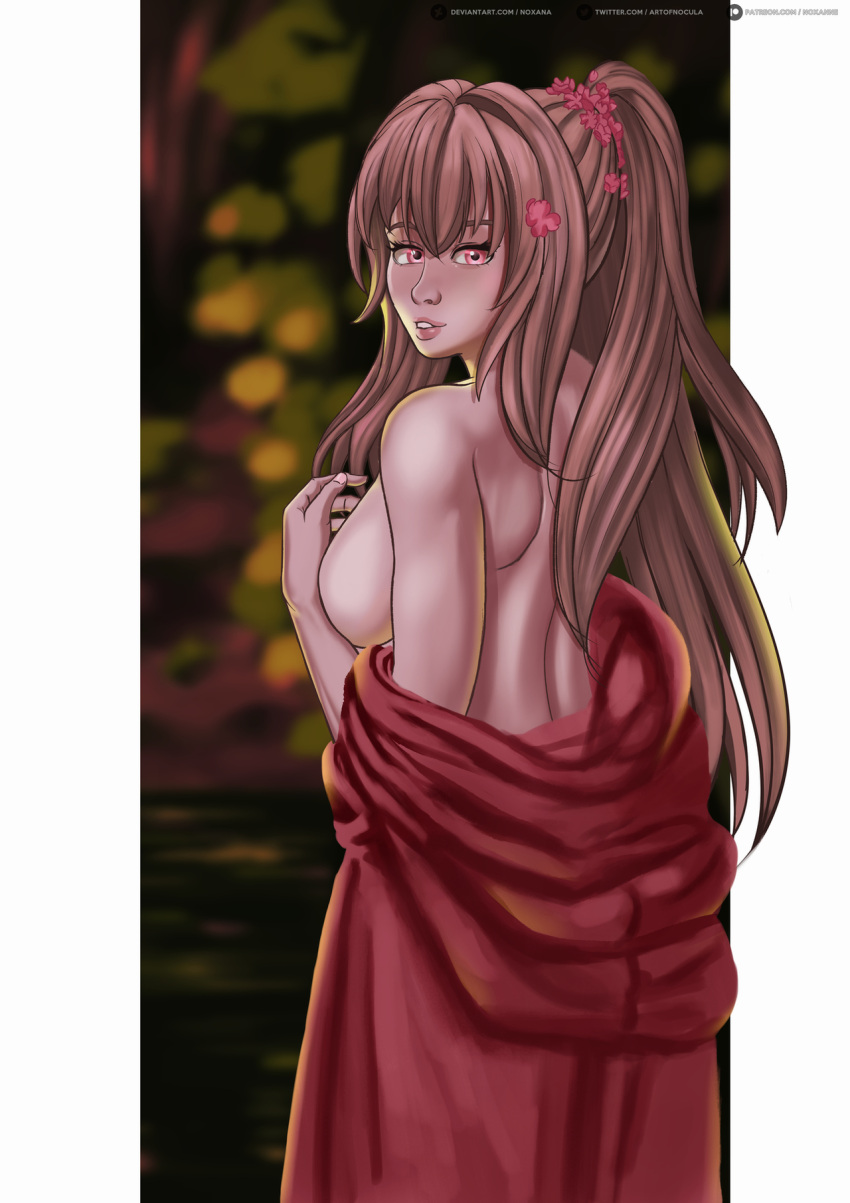 back_view female kantai_collection looking_at_viewer looking_back noxana robe_down solo topless yamato_(kantai_collection)