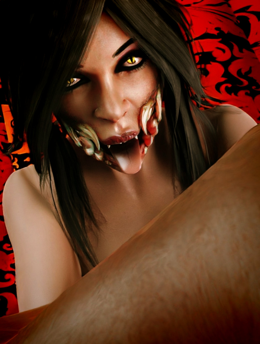 3d artist_signature black_hair blender cat_eyes dark-skinned_male dark_skin interracial masterbeta mileena monster monster_girl mortal_kombat mortal_kombat_x no_cheeks open_mouth partial_male teeth_showing tongue_out yellow_eyes