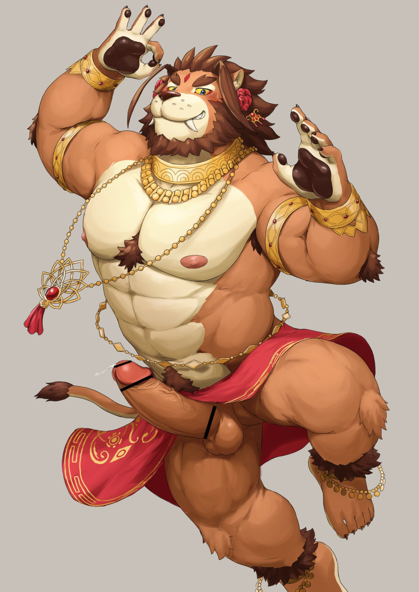 abs accessory anthro armpit_hair balls barefoot barong_(tokyo_afterschool_summoners) barontoko beard body_hair chest_tuft clawed_feet clawed_fingers clothed clothing countershading dancing elbow_tuft erection facial_hair fangs feet felid flower flower_accessory flower_in_hair foreskin fur genitals gold_(metal) gold_armlet gold_bracelet gold_chain gold_collar gold_jewelry gold_necklace hair hair_accessory handpaw happy_trail hi_res jewelry knee_tuft leg_tuft lifewonders lion male male_only mammal mane markings muscular muscular_arms muscular_legs muscular_male navel necklace nipples no_underwear pantherine paws pecs penis plant retracted_foreskin sarong sarong_only sideburns smile smirk solo tan_body tan_countershading tan_fur tokyo_afterschool_summoners tuft vein veiny_penis video_games