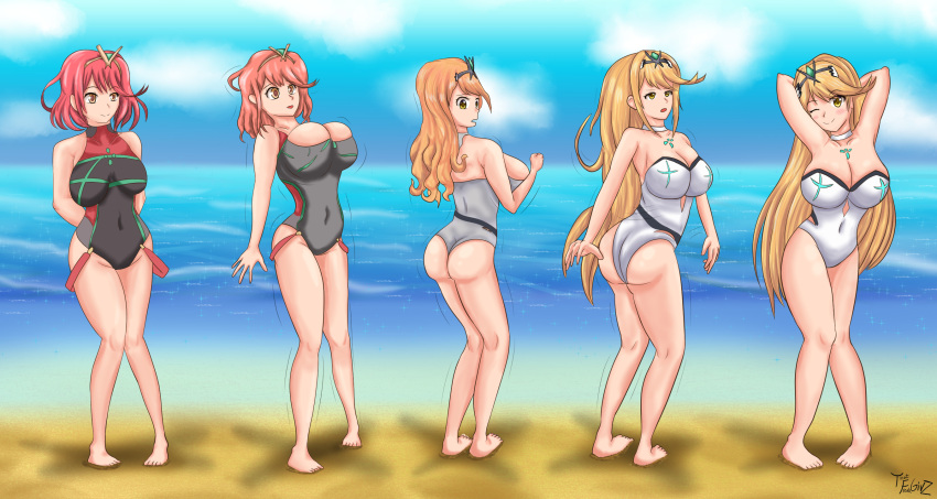 ass_expansion blonde_hair breast_expansion eye_color_change hair_color_change hair_growth mythra pyra red_hair swimsuit thatfreakgivz transformation transformation_sequence xenoblade_(series) xenoblade_chronicles_2