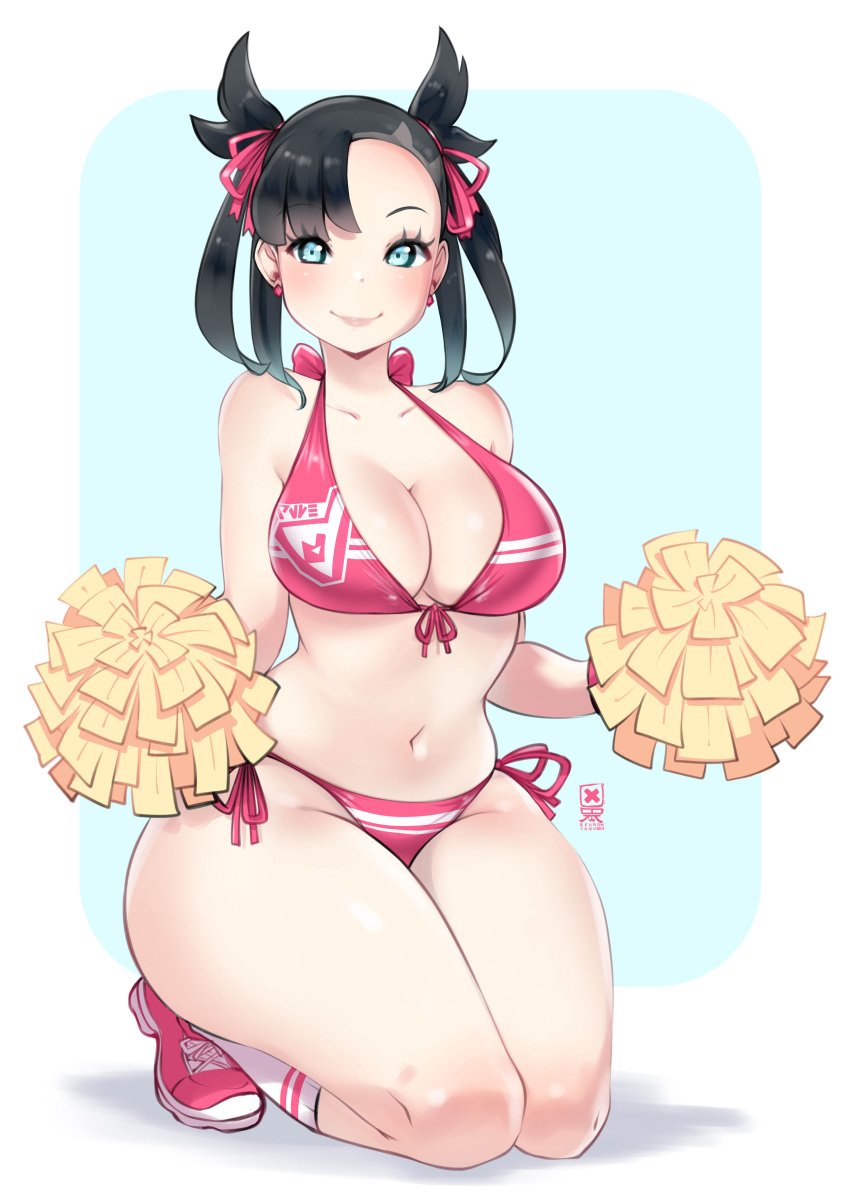 1girls 2022 aged_up alternate_breast_size black_hair blue_eyes blush breasts cheerleader cheerleader_uniform female female_only hi_res hips holding_object huge_breasts kenron_toqueen kneeling large_breasts light-skinned_female light_skin marnie_(pokemon) nintendo pokemon pokemon_ss pom_poms slim_waist smile thick_thighs thighs twintails wide_hips