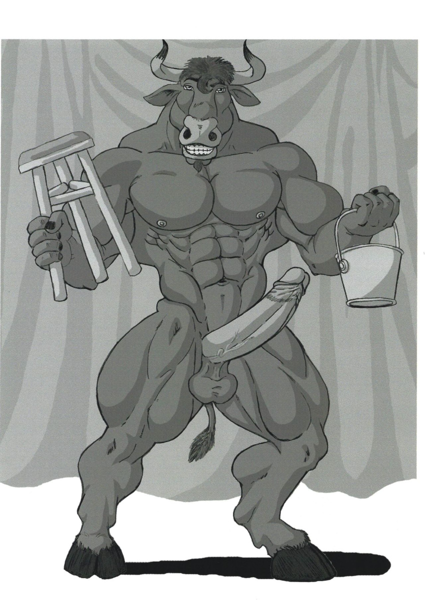 abs anthro big_penis bovid bovine bucket cattle container curtains furniture genitals hi_res holding_object hooves horn humanoid male mammal pecs penis smile solo stool sudonym tail_tuft tuft