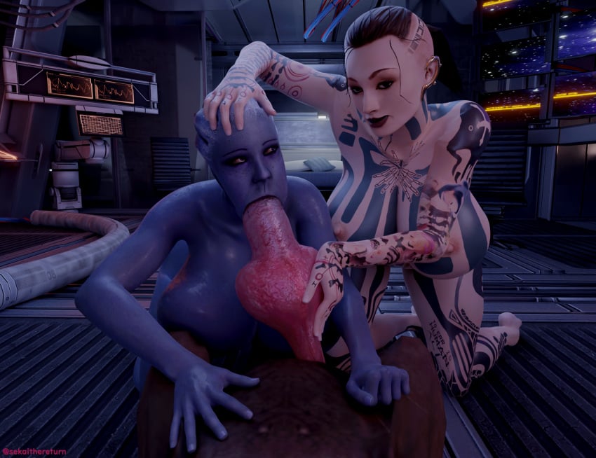 1boy 2girls 3d 3d_(artwork) alien alien_girl animal_penis areolae asari ass assisted_fellatio bent_over big_ass big_breasts big_butt blowjob body_tattoo breast_press breasts brown_hair busty canine child_bearing_hips dominant_female domination fat_ass fellatio female_on_feral forced_oral hourglass_figure huge_ass huge_breasts interspecies jack_(mass_effect) knot knotted_penis large_ass large_breasts liara_t'soni makeup mass_effect naked nipples nude nude_female nudity on_the_floor open_mouth oral oral_sex penis pov sekaithereturn short_hair smile smiling smiling_at_viewer sucking_penis tattoo tattoos thick thick_ass thick_hips thick_thighs unseen_male_face varren voluptuous wide_hips zoophilia