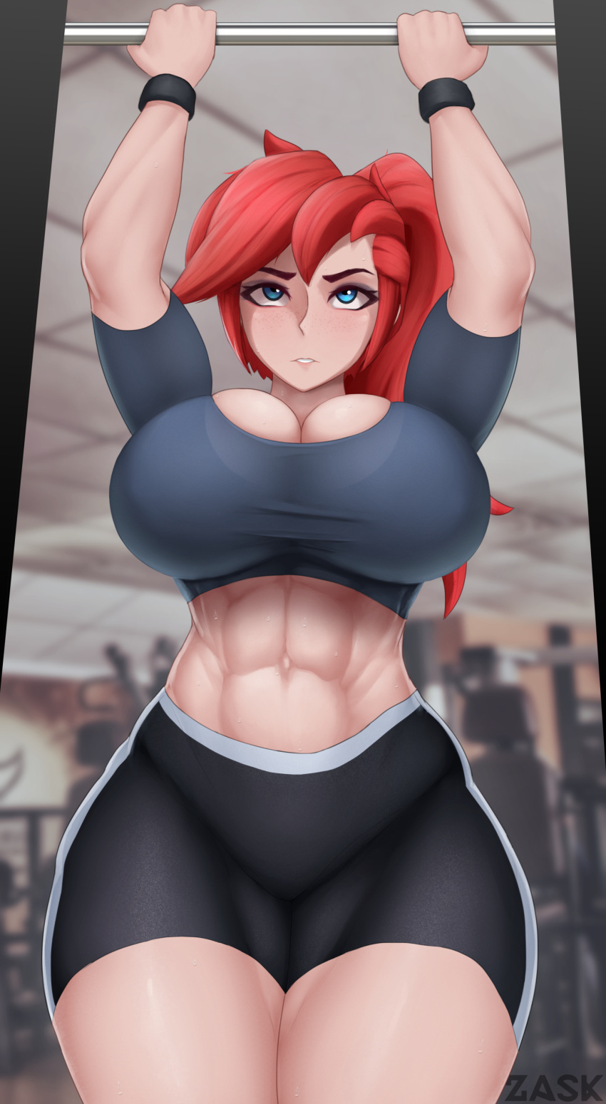 1girls 2022 abs blue_eyes cleavage female freckles fully_clothed gym gym_uniform huge_breasts looking_up muscular muscular_female ponytail red_hair solo solo_female sweat thick_thighs tomboy vaki_velho wristband zaskart