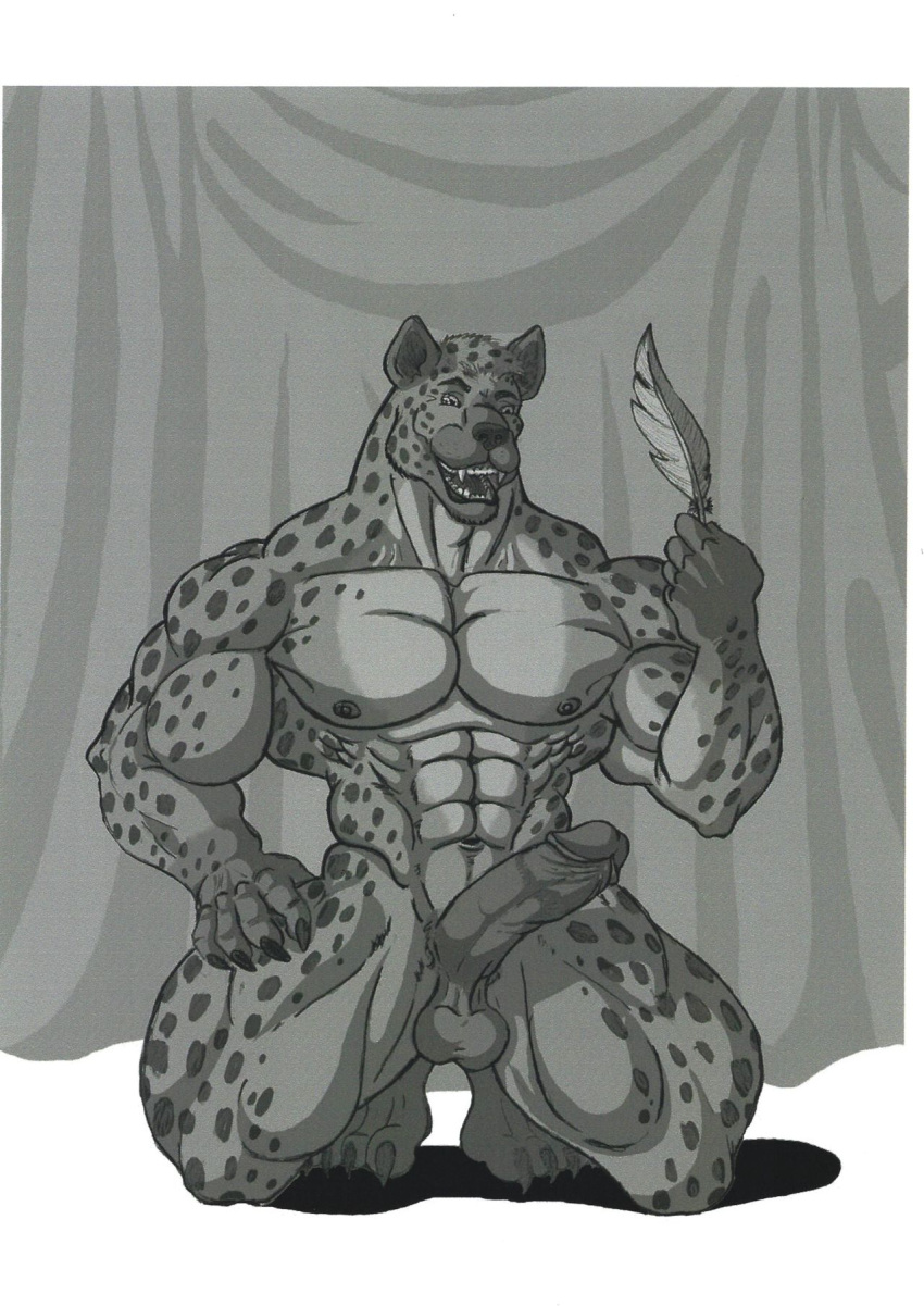 abs anthro big_penis claws curtains feathers genitals hi_res humanoid hyaenid male mammal muscular nose nude pecs penis smile solo spots spotted_body sudonym teeth