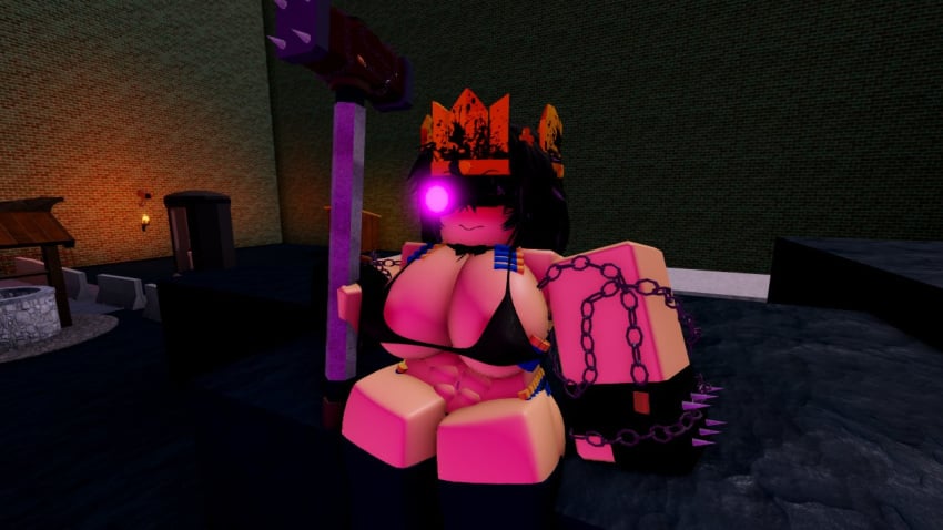 3d areola_slip black_bikini black_hair black_panties blush castle chains crown cybernetic_eye cybernetics decaying_winter hammer nervous popsiclethecat roblox roblox_game robloxian shotgun_shells sitting six_pack sledge_queen tagme