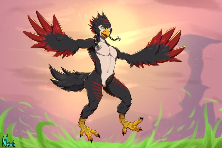 3_toes anthro avian beak bird breath_of_the_wild ceanoth digital_drawing_(artwork) digital_media_(artwork) erection feathered_wings feathers feet genitals hi_res male navel neofi nintendo nude pecs penis sex simple_background solo tail_feathers the_legend_of_zelda toes video_games wings