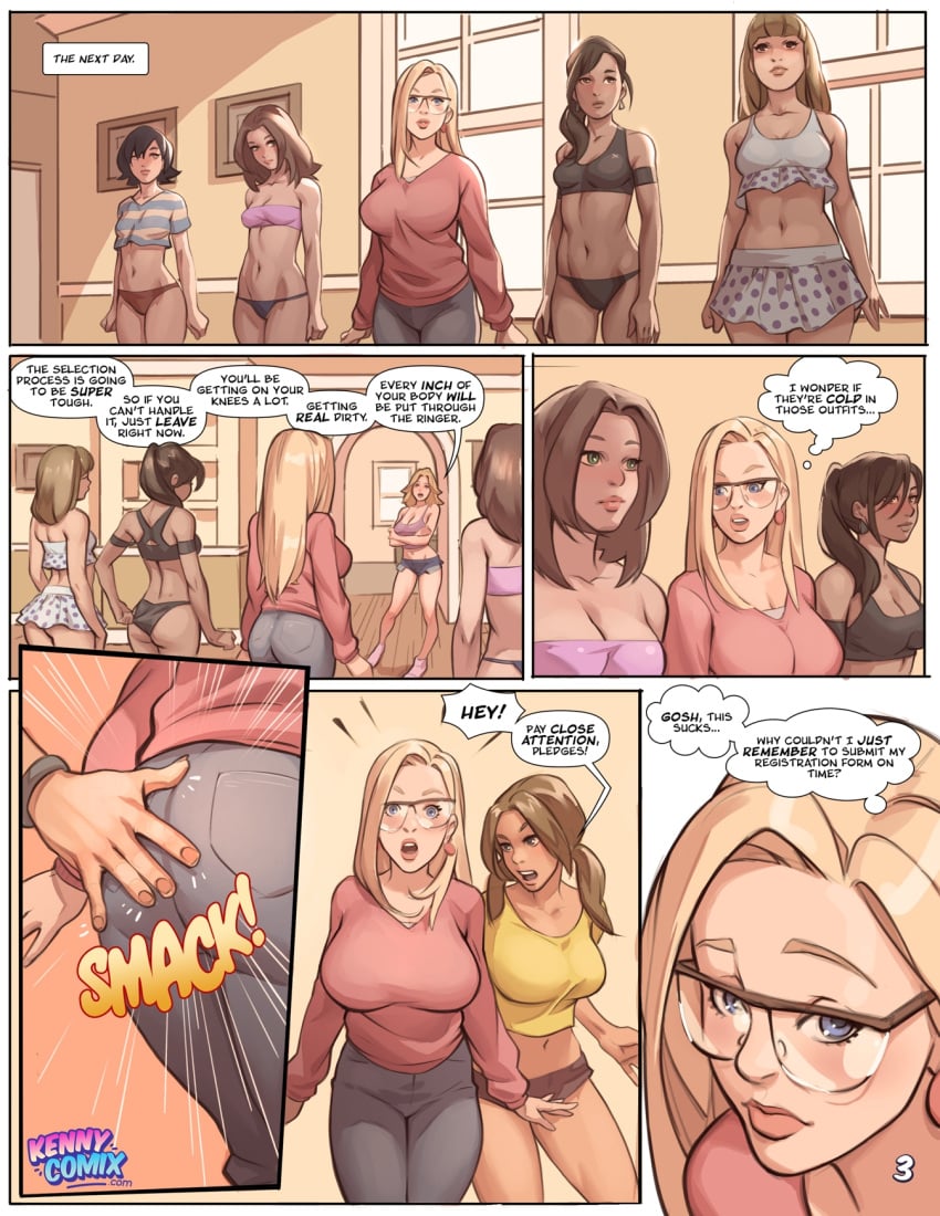 big_breasts blonde_hair blue_eyes breasts busty comic courtney_spears english_text female female_focus hourglass_figure kennycomix long_hair molly_patterson multiple_girls naughty_sorority_(comic) nerd nerdy_female page_3 sarah_baker tagme voidwave wide_hips