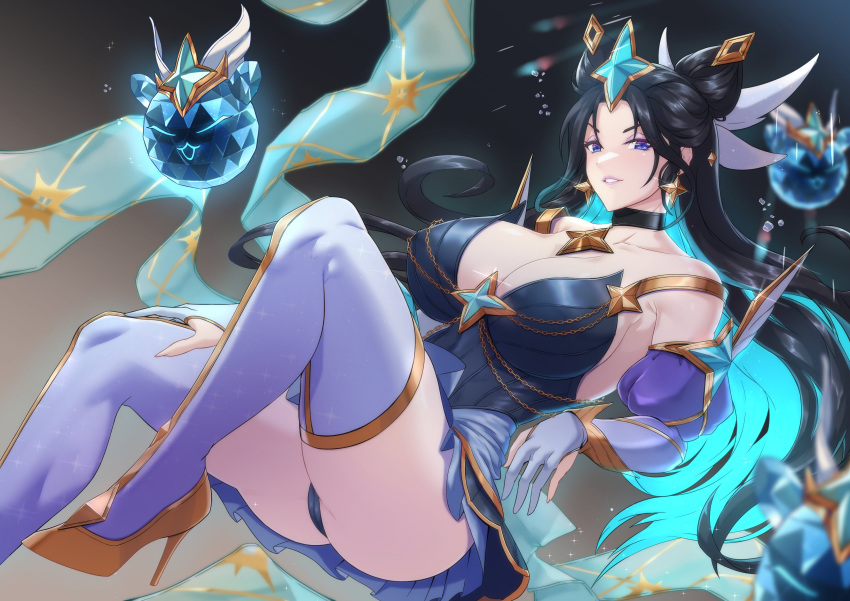 1girls ass big_breasts black_hair blue_dress blue_eyes blue_hair breasts cleavage collar cyan_hair dress earrings eyebrows_visible_through_hair floating_hair gloves gradient_background gradient_hair hair_buns hair_ornament hand_on_leg heels hi_res high_heels highres large_breasts league_of_legends lipstick long_hair looking_at_viewer makeup multi_(league_of_legends) multicolored_hair riot_games skirt smile solo_female star_earrings star_guardian star_guardian_series star_guardian_syndra star_guardian_syndra_prestige_edition stars syndra thick_thighs thighhighs torahime under_skirt