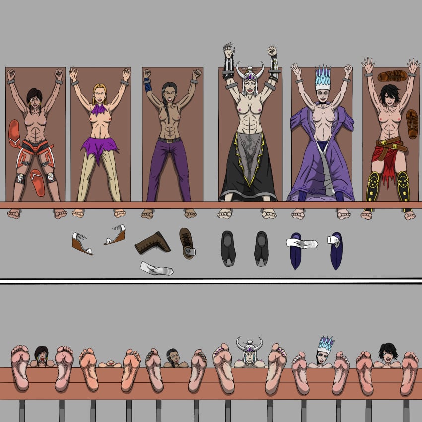 6+girls bellona_(smite) black_hair blonde_hair bondage crossover dark-skinned_female feet female female_only foot_fetish kislev light-skinned_female miao_ying multiple_girls muscular_female nail_guards nude overwatch pharah smite tagme tzarina_katarin warhammer_(franchise) warhammer_fantasy white_hair