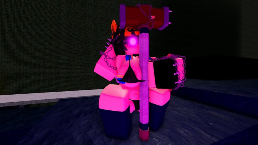 3d areola_slip black_bikini black_hair black_panties blush castle chains crown cybernetic_eye cybernetics decaying_winter hammer legs_spread one_arm_up popsiclethecat roblox roblox_game robloxian shotgun_shells sitting six_pack sledge_queen smile stripper stripper_pole tagme