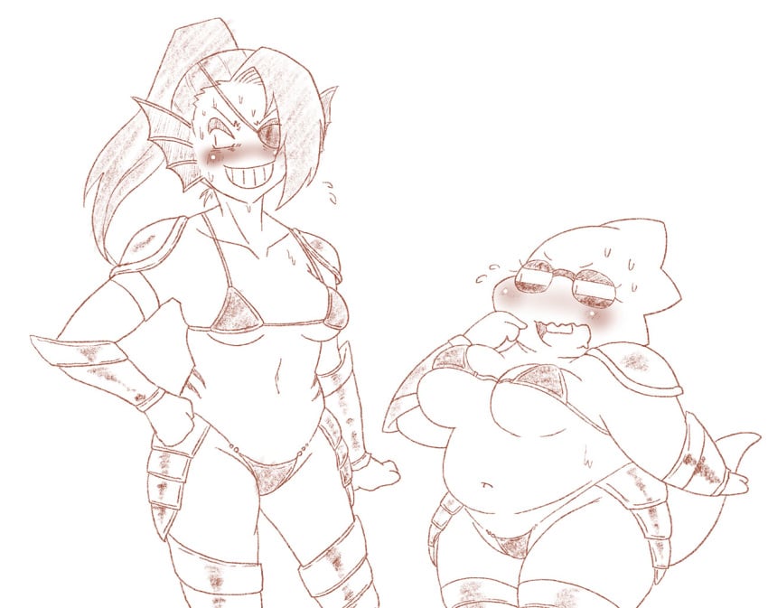 2d 2girls alphys armor aruput aruput_ut big_breasts chubby embarrassed female female_only glasses lizard_girl lizard_humanoid tagme thick_thighs undertale undertale_(series) underwear undyne yuri