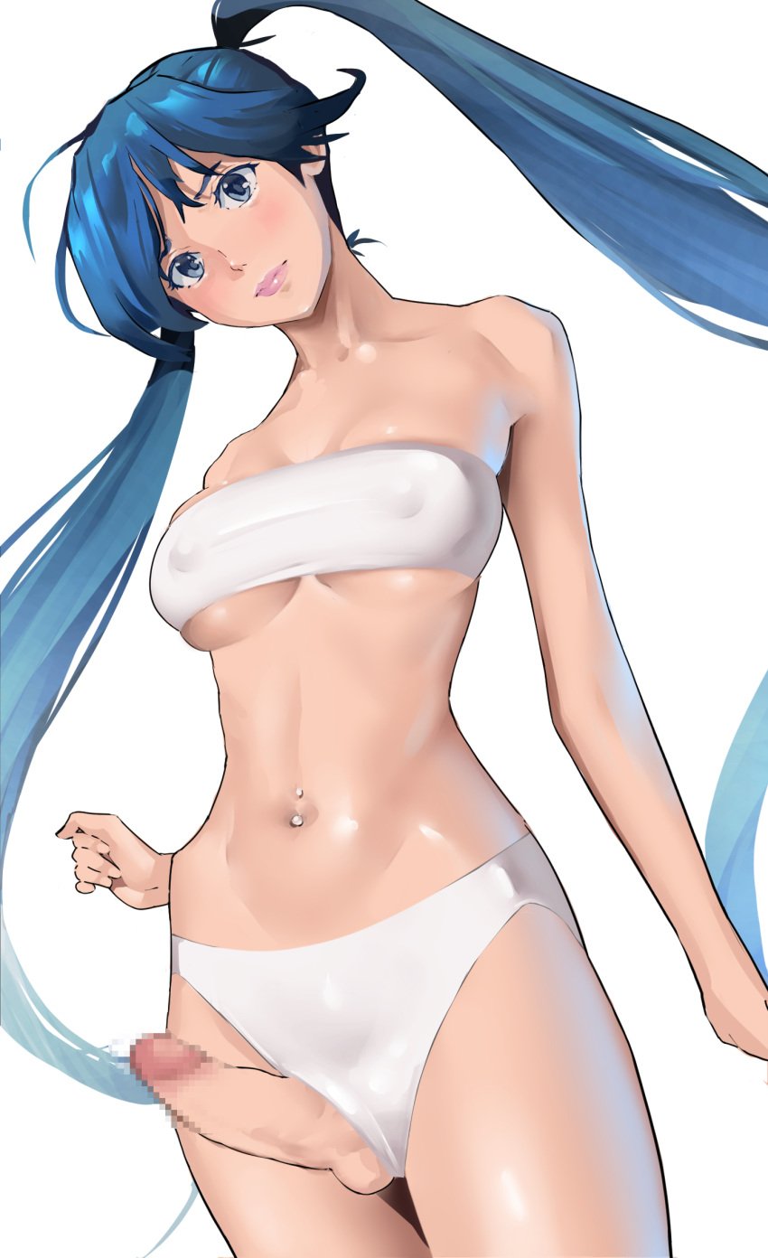 1futa bandeau blue_eyes blue_hair bra breasts censored closed_mouth copyright_request covered_nipples cowboy_shot erection female futanari head_tilt highres large_breasts lipstick looking_at_viewer makeup mosaic_censoring navel navel_piercing panties penis penis_outside piercing pink_lips shiratama_(monster1553) simple_background solo standing strapless testicles tube_top underboob underwear white_background white_bra white_panties