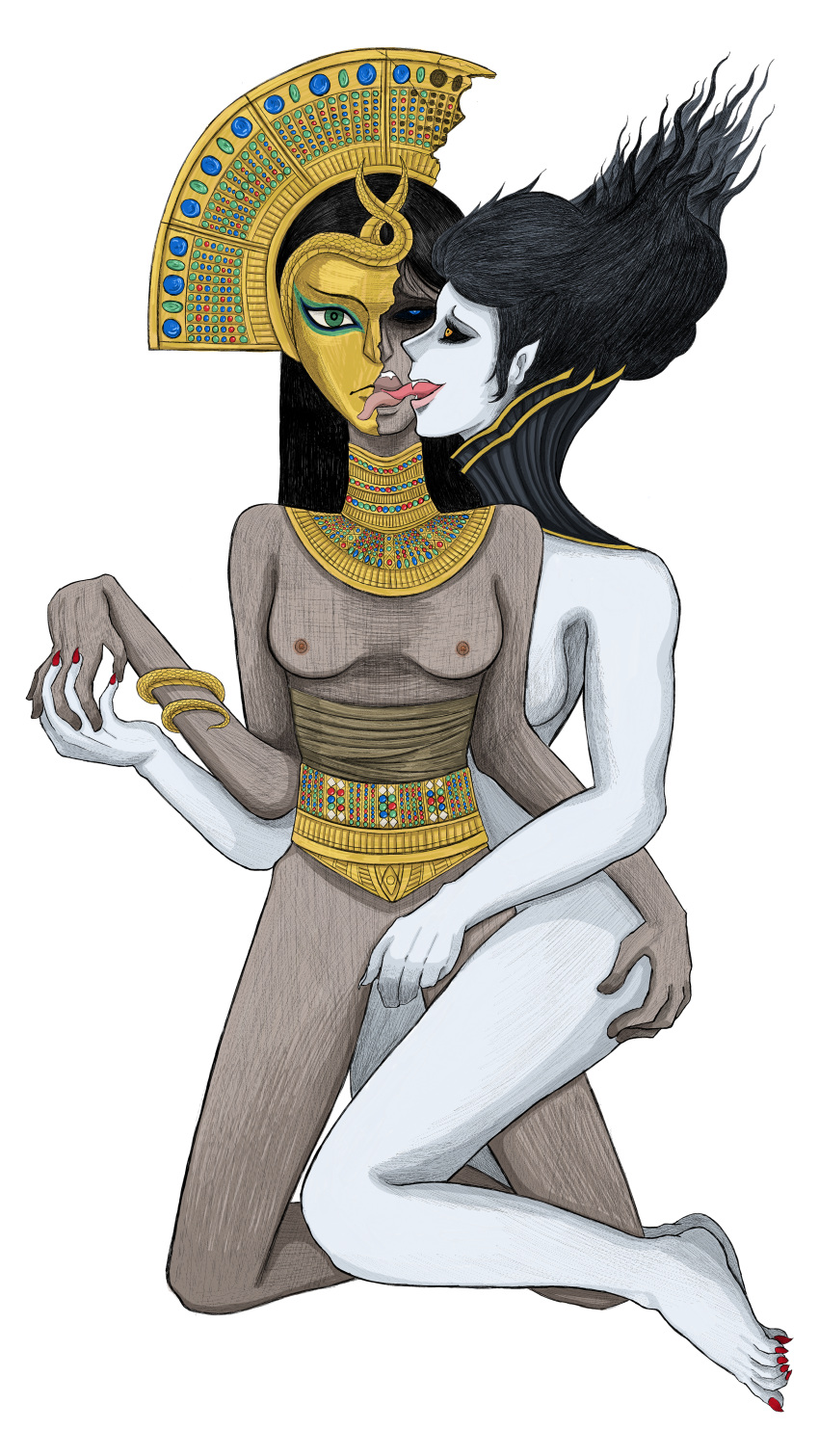 black_hair egyptian eye_roll interspecies khalida_(warhammer) kissing monster mummy neferata queen_khalida satyress_(artist) total_war:_warhammer undead vampire warhammer_(franchise) warhammer_fantasy yuri