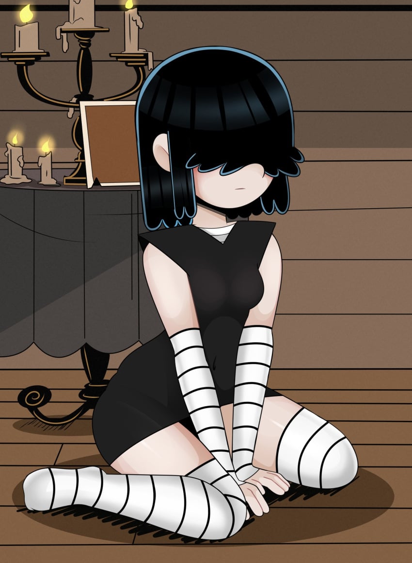 1girls attic candle dress female_focus full_body fully_clothed goth hair_covering_eye looking_at_viewer lucy_loud nickelodeon picture_frame pinup short_hair sitting sleeveless_shirt solo solo_female solo_focus sonson-sensei table the_loud_house thick_thighs thigh_highs thighs